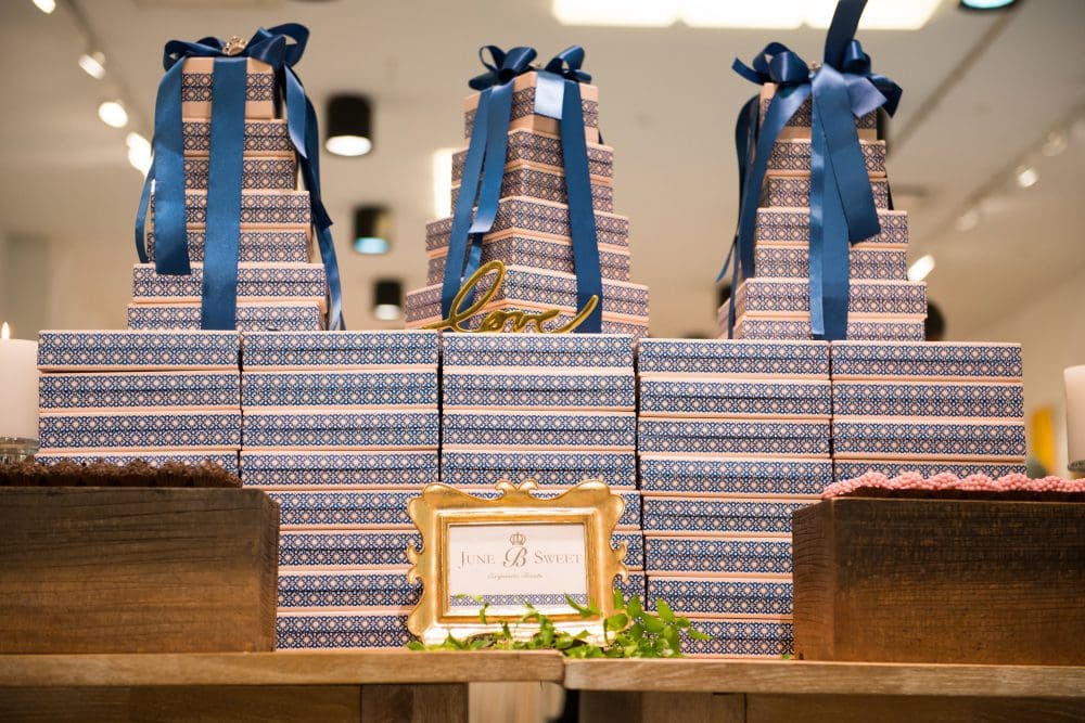 A beautiful display of June B Sweet boxes designed by Portuguese blue porcelain and the Brazilian imperial crown