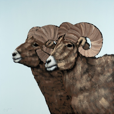 Title: TWO RAMS ON BLUE , Size: 48 X 48; 49.5 X 49.5 , Medium: Oil and Acrylic on Canvas