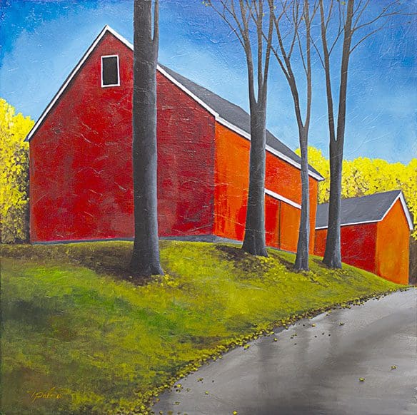 Palmer, "Red Barns", Acrylic on Canvas, 36 x 36 in.