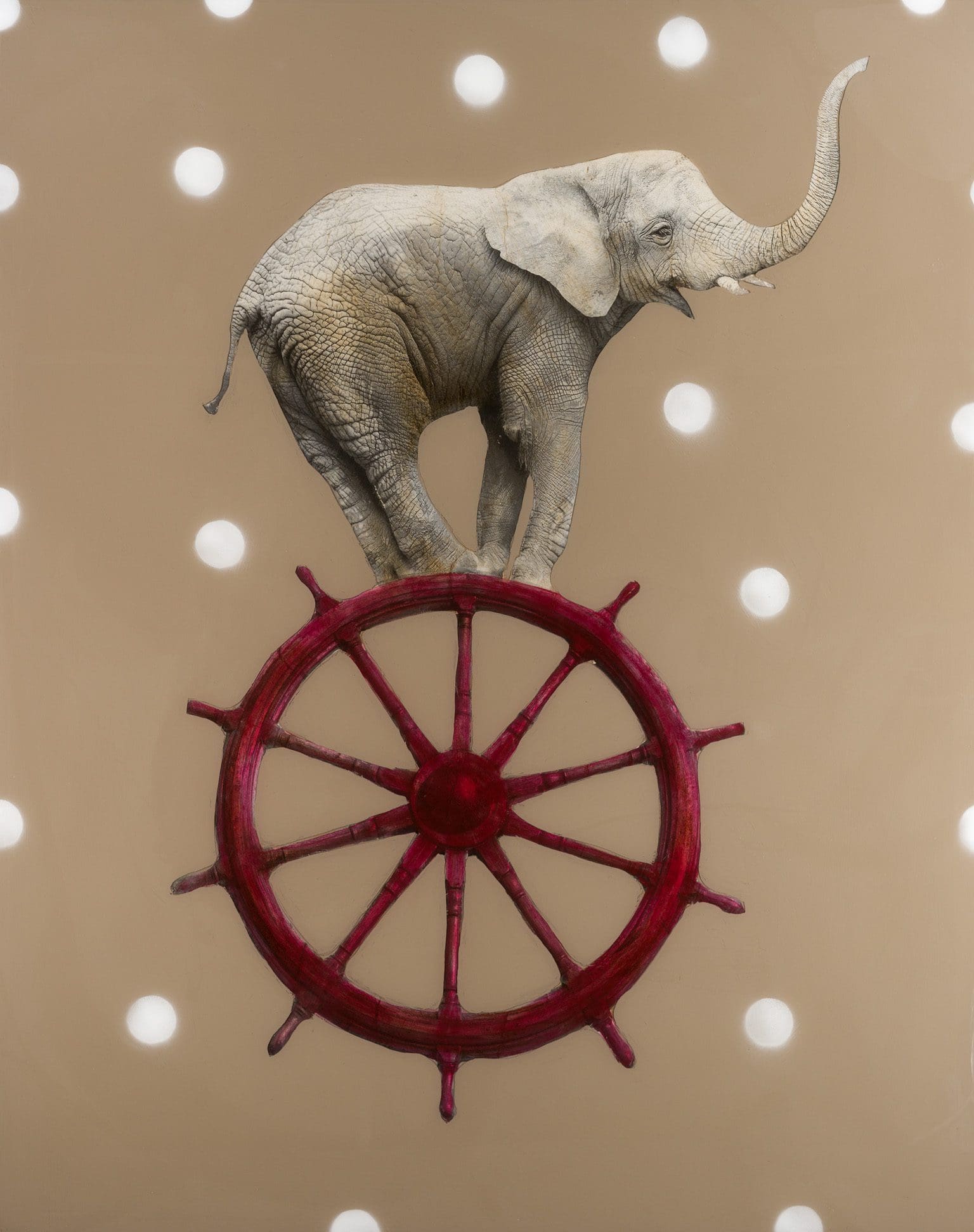 Anke, Red Shipwheel, Mixed Media on Wood, 60 × 48 inches