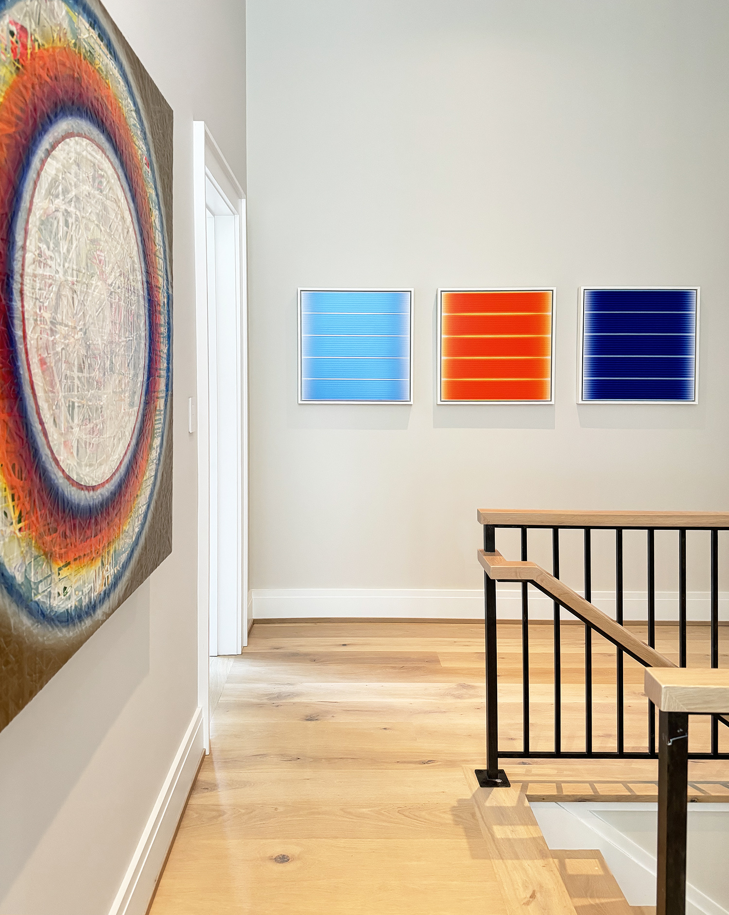 Tom Bolles, left to right: Vibrant Bright Blue, Vibrant Orange, Vibrant Deep Blue, 23.5 X 23.5; 25.5 X 25.5 each 
